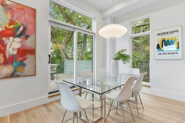 Dining room, Interior, Pendant Lights, Wood Texture Flooring