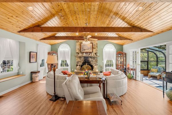 Fireplace, Interior, Living room, Recessed Lighting, Wooden Beams, Wooden Ceilings, Wood Texture Flooring