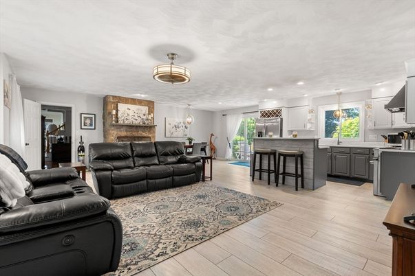 Fireplace, Interior, Kitchen, Living room, Pendant Lights, Recessed Lighting, Wood Texture Flooring