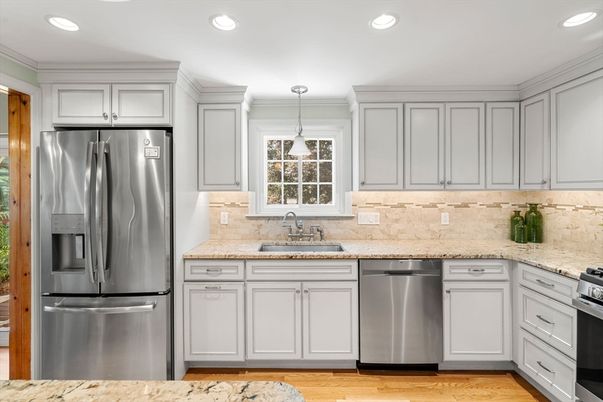 Interior, Kitchen, Pendant Lights, Recessed Lighting, Stainless Steel Appliances, Wood Texture Flooring