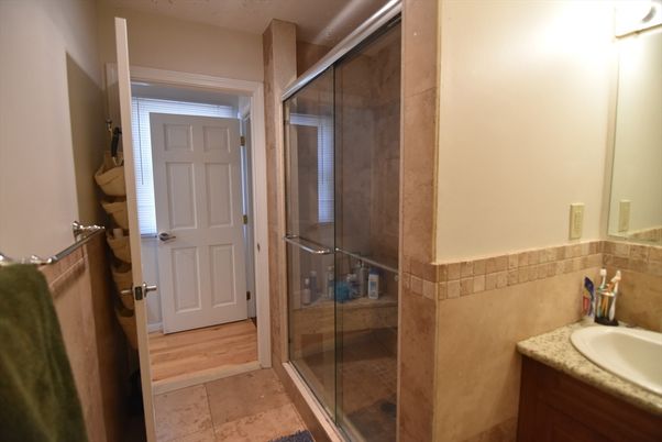 Bathroom, Glass Shower, Interior, Wood Texture Flooring