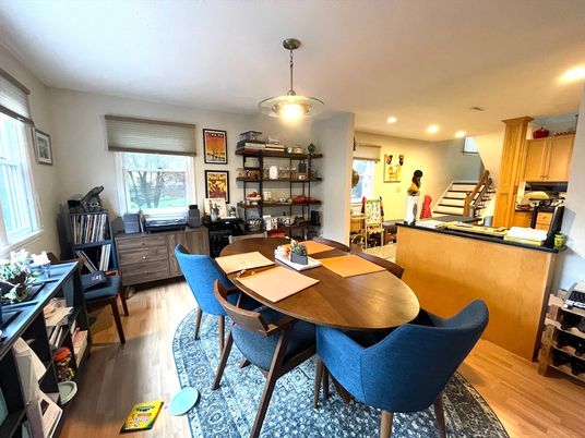 Dining room, Interior, Pendant Lights, Recessed Lighting, Wood Texture Flooring