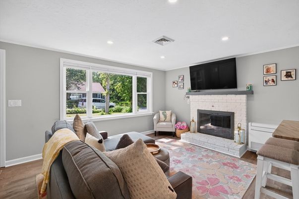 Fireplace, Interior, Living room, Recessed Lighting, Wood Texture Flooring