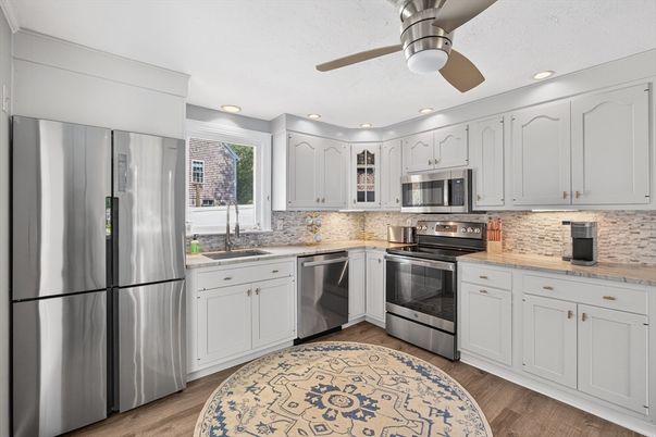Interior, Kitchen, Recessed Lighting, Stainless Steel Appliances, Wood Texture Flooring