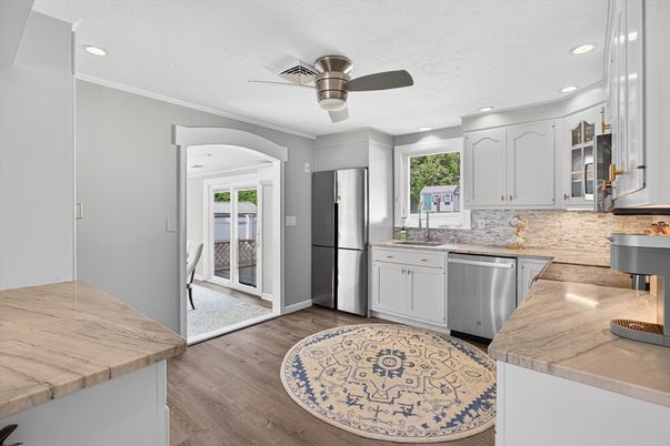 Interior, Kitchen, Recessed Lighting, Stainless Steel Appliances, Wood Texture Flooring