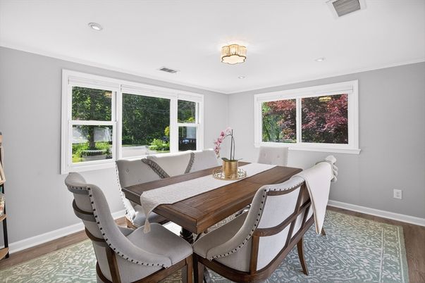 Dining room, Interior, Recessed Lighting, Wood Texture Flooring