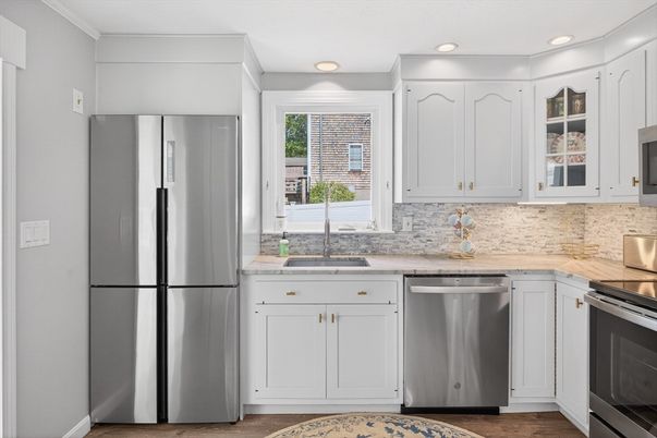 Interior, Kitchen, Recessed Lighting, Stainless Steel Appliances, Wood Texture Flooring