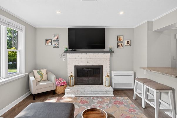 Fireplace, Interior, Living room, Recessed Lighting, Wood Texture Flooring