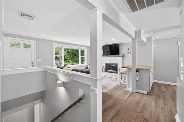 Fireplace, Interior, Recessed Lighting, Wood Texture Flooring