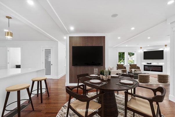 Dining room, Fireplace, Interior, Living room, Pendant Lights, Recessed Lighting, Wood Texture Flooring