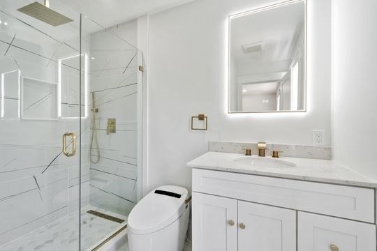 Bathroom, Glass Shower, Interior, Marble Walls, Recessed Lighting