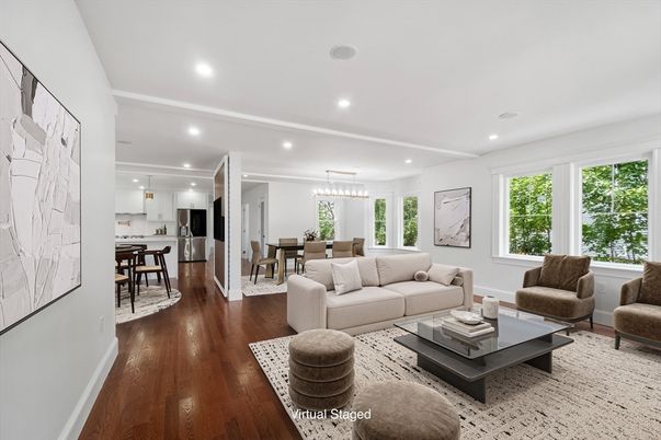 Dining room, Interior, Kitchen, Living room, Pendant Lights, Recessed Lighting, Stainless Steel Appliances, Wood Texture Flooring
