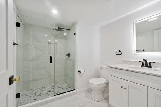Bathroom, Glass Shower, Interior, Marble, Marble Walls, Recessed Lighting