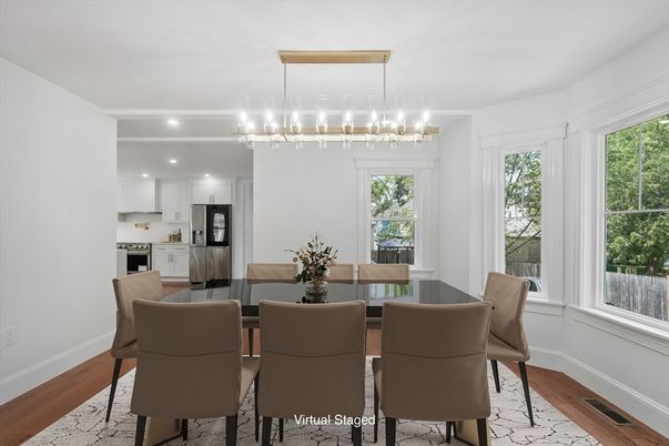 Dining room, Interior, Kitchen, Pendant Lights, Recessed Lighting, Stainless Steel Appliances, Wood Texture Flooring