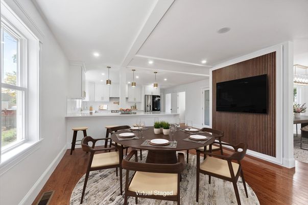 Dining room, Interior, Kitchen, Pendant Lights, Recessed Lighting, Wood Texture Flooring