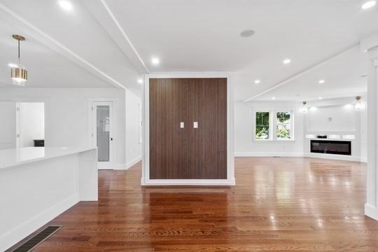 Empty room, Fireplace, Interior, Pendant Lights, Recessed Lighting, Wood Texture Flooring