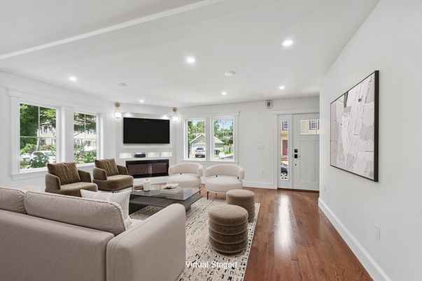 Fireplace, Interior, Living room, Recessed Lighting, Wood Texture Flooring