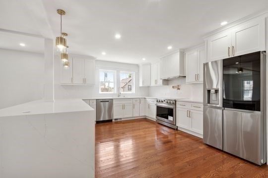 Interior, Kitchen, Pendant Lights, Recessed Lighting, Stainless Steel Appliances, Wood Texture Flooring