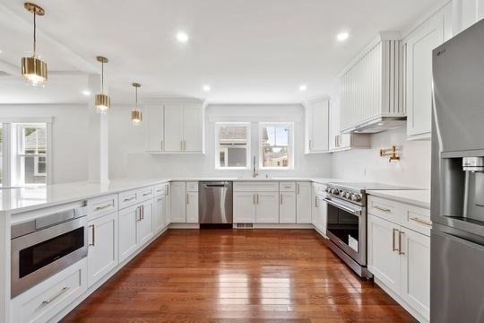 Interior, Kitchen, Pendant Lights, Recessed Lighting, Stainless Steel Appliances, Wood Texture Flooring
