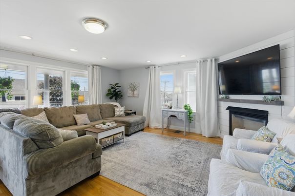 Fireplace, Interior, Living room, Recessed Lighting, Wood Texture Flooring
