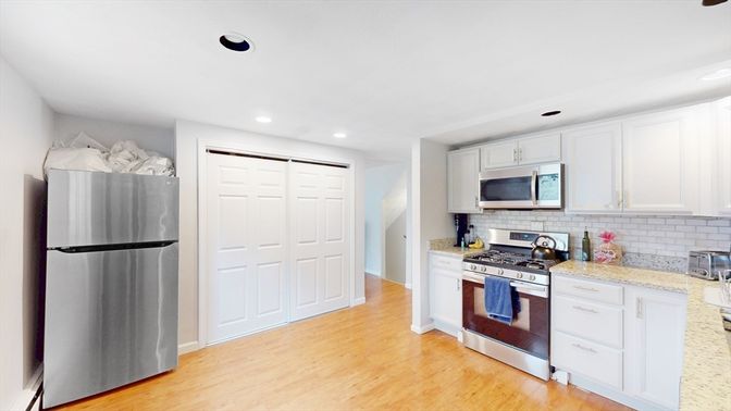 Interior, Kitchen, Recessed Lighting, Stainless Steel Appliances, Wood Texture Flooring
