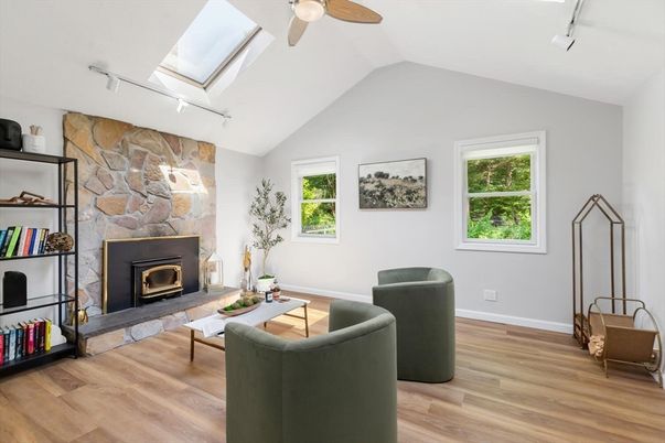 Fireplace, Interior, Living room, Stone Walls, Wood Texture Flooring