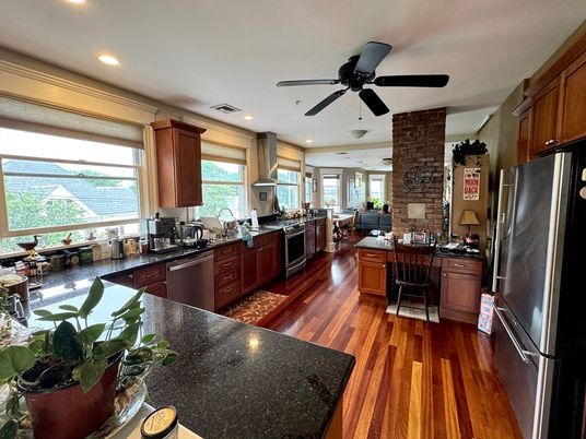Dining room, Interior, Kitchen, Recessed Lighting, Stone Walls, Wood Texture Flooring