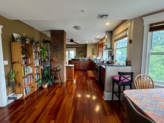 Interior, Kitchen, Recessed Lighting, Stone Walls, Wood Texture Flooring
