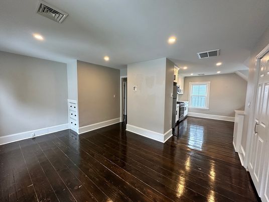 Empty room, Interior, Kitchen, Recessed Lighting, Wood Texture Flooring