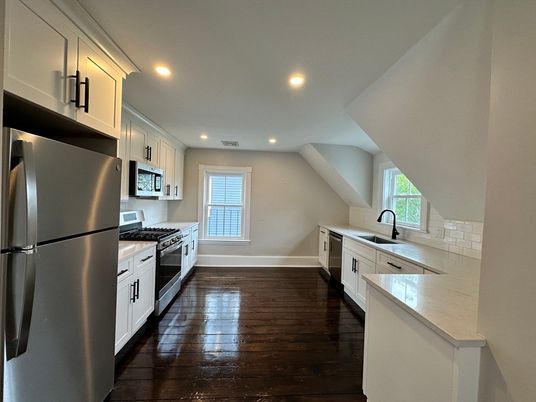 Interior, Kitchen, Recessed Lighting, Stainless Steel Appliances, Wood Texture Flooring