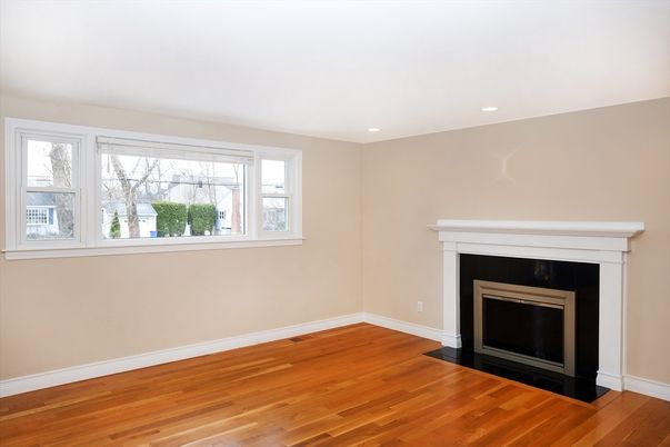 Empty room, Fireplace, Interior, Recessed Lighting, Wood Texture Flooring