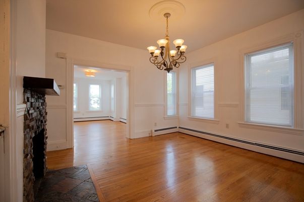 Chandelier, Empty room, Fireplace, Interior, Wood Texture Flooring