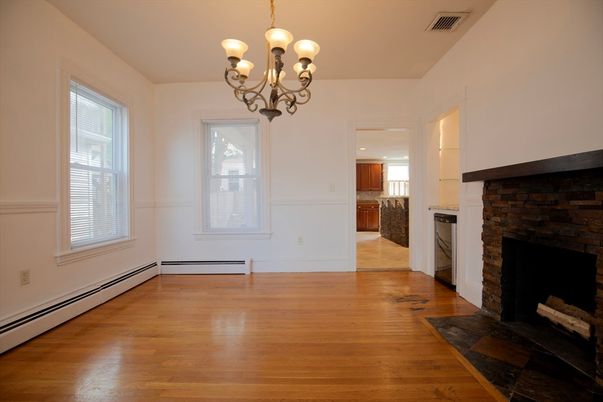 Chandelier, Empty room, Fireplace, Interior, Wood Texture Flooring