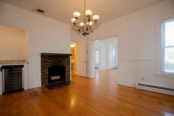 Chandelier, Empty room, Fireplace, Interior, Wood Texture Flooring