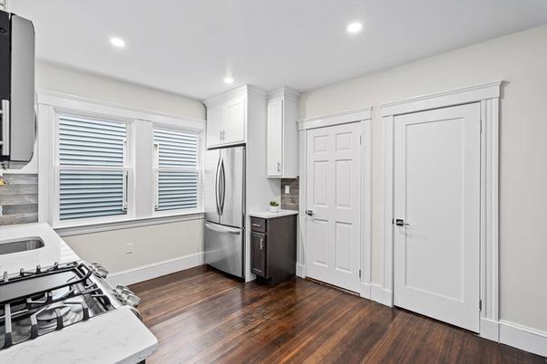 Interior, Kitchen, Recessed Lighting, Stainless Steel Appliances, Wood Texture Flooring