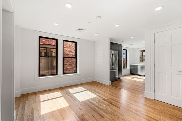 Empty room, Interior, Kitchen, Recessed Lighting, Wood Texture Flooring