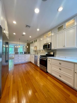 Interior, Kitchen, Pendant Lights, Recessed Lighting, Stainless Steel Appliances, Wood Texture Flooring