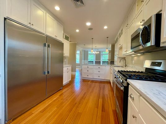 Interior, Kitchen, Pendant Lights, Recessed Lighting, Stainless Steel Appliances, Wood Texture Flooring