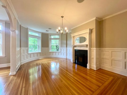Chandelier, Empty room, Fireplace, Interior, Wood Texture Flooring
