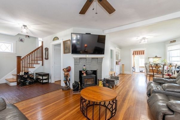 Dining room, Fireplace, Interior, Living room, Wood Texture Flooring