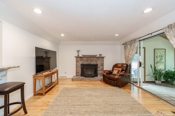 Fireplace, Interior, Recessed Lighting, Wood Texture Flooring