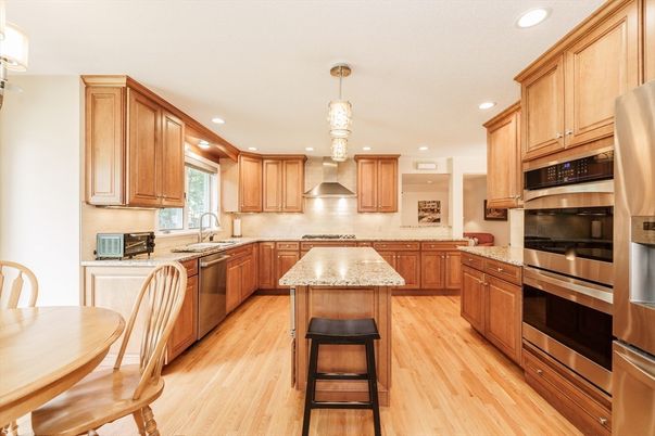 Interior, Kitchen, Pendant Lights, Recessed Lighting, Stainless Steel Appliances, Wood Texture Flooring