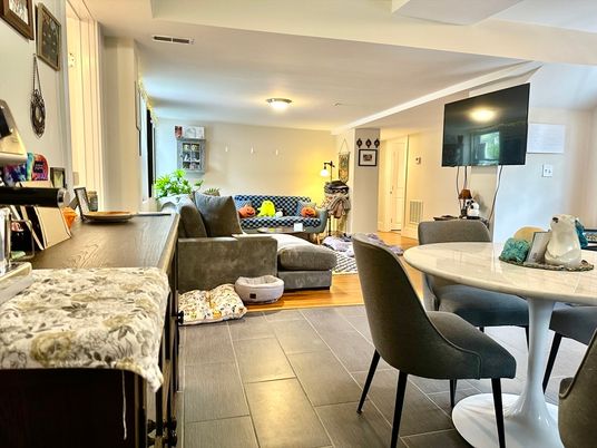 Dining room, Interior, Living room, Recessed Lighting, Wood Texture Flooring