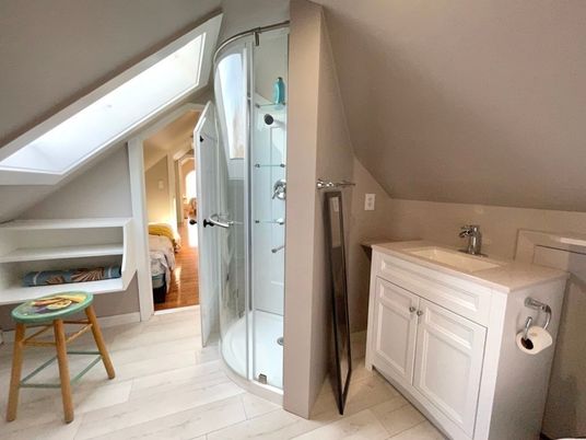 Bathroom, Glass Shower, Interior, Marble, Wood Texture Flooring