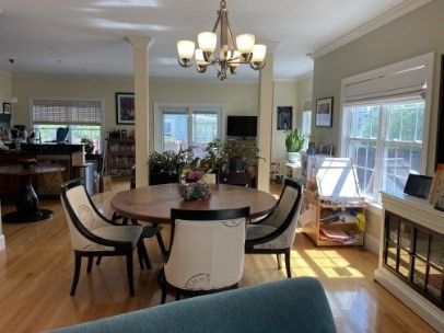 Chandelier, Dining room, Fireplace, Interior, Living room, Piano, Wood Texture Flooring