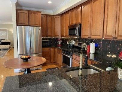 Interior, Kitchen, Living room, Recessed Lighting, Stainless Steel Appliances, Wood Texture Flooring