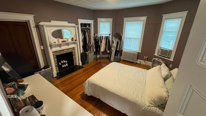 Bedroom, Fireplace, Interior, Wood Texture Flooring