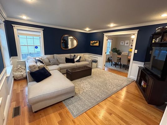 Dining room, Interior, Living room, Recessed Lighting, Wood Texture Flooring