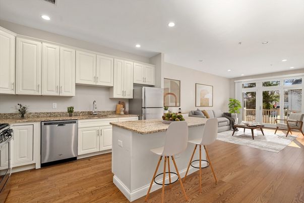 Interior, Kitchen, Living room, Recessed Lighting, Stainless Steel Appliances, Wood Texture Flooring