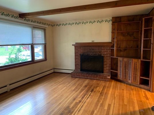 Empty room, Fireplace, Interior, Wooden Beams, Wood Texture Flooring